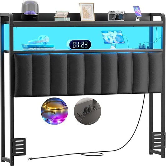 Aheaplus Headboard for Twin Size Bed Frame, Upholstered Headboards with Outlets, USB Ports and LED Light, Leather Head Board with Storage, Height Adjustable, Comfortable Headboard, Twin Size, Black