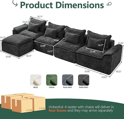 Hobestluk Cloud Modular Sectional Couch 4-Seater Sofa with Ottoman L Shaped Couch Deep Seat Sofa with Removable Cover Large Sofa for Living Room (Dark Grey, 4-Seater Sofa with One Ottoman)