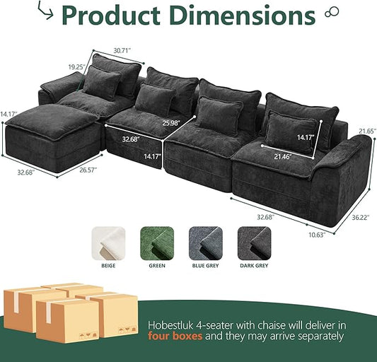 Hobestluk Cloud Modular Sectional Couch 4-Seater Sofa with Ottoman L Shaped Couch Deep Seat Sofa with Removable Cover Large Sofa for Living Room (Dark Grey, 4-Seater Sofa with One Ottoman)