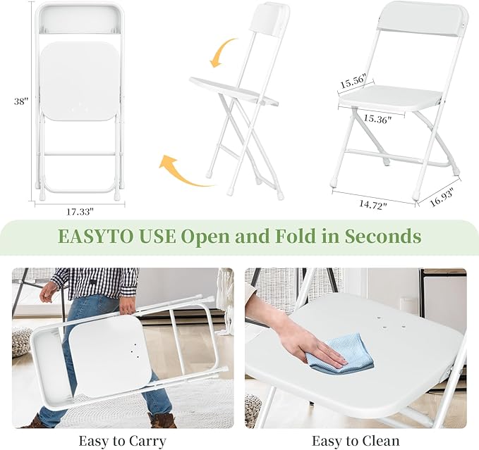 Folding Chairs 20 Pack,White Plastic Folding Chair for Indoor Outdoor,Portable Stackable Commercial Seat with Steel Frame 350lb.Capacity for Party Events Wedding Dining Picnic Office