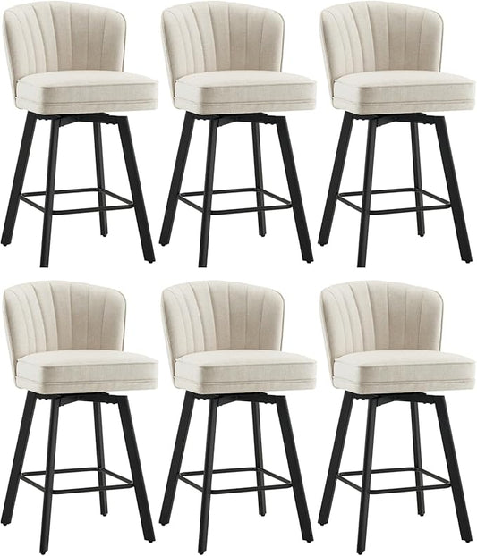 Swivel Counter Height Bar Stools Set of 6, 26'' Modern Barstools with Backs and Metal Legs, Upholstered Bar Chairs, Beige, Fabric Stools for Kitchen Island Chairs