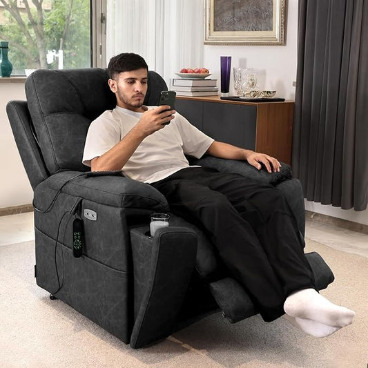 EONIX Triple Motor Lay Flat Power Lift Recliner Chair for Elderly, 400lbs Electirc Lift Chair for Living Room, Independent Adjustable Lumbar, Extended Footrest, Hidden Cup Holders, Charcoal Black