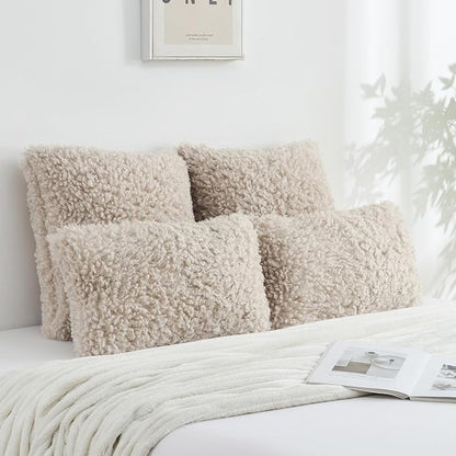FUTEI Beige Decorative Throw Pillow Covers 16x16 Inch Set of 2,Soft Fluffy Faux Wool Fur Boucle Textured Cushion Case,Modern Home Decor for Couch Bed Living Room Office