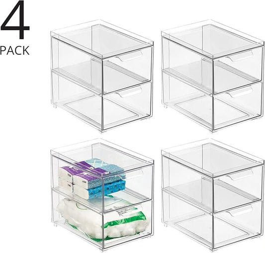 mDesign Stackable Storage Containers Box with 2 Pull-Out Drawers - Stacking Plastic Drawer Bins for Master or Guest Bathroom, Linen Closet, Vanity, Makeup Table Lumiere Collection 4 Pack, Clear