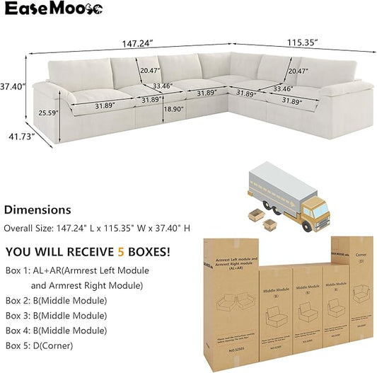 EASE MOOSE Boneless Modular Cloud Couch, Oversized L-Shaped Sectional Sofa for Living Room, Extra Large Movable Couches, 6-Deep-Seat Movable Sofas for Bedroom, Apartment, Chenille (White)