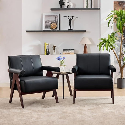 STHOUYN Black Leather Accent Chairs Set of 2, Mid Century Modern Accent Chair, Side Arm Chairs for Living Room, Office Guest Waiting Room Chairs (2, Black)
