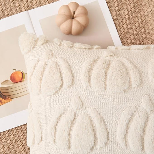 Kevin Textile Fall Pillow Covers 20x20 Inch Set of 2 Soft Pumpkins Decorative Square Pillowcases Plush Autumn Faux Fur Cushions Harvest Gift for Couch Sofa Chair Bedroom Home Decor, Beige