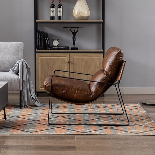 Mid-Century Accent Chair Set of 2, Comfy PU Leather Side Chair with Armrest, Upholstered Leisure Chair with Black Metal Frame for Living Room Bedroom Reception Room, Brown