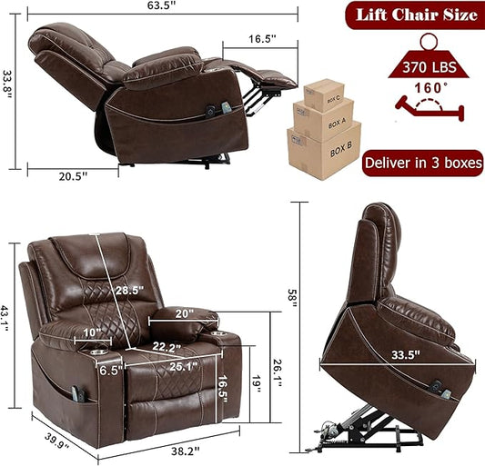 Power Lift Recliner Chair Sofa with Massage and Heat for Big and Tall Elderly,Infinite Positions,Single Motor,Cup Holders,and USB Ports,Faux Leather Home Theater Seat