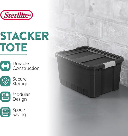 Sterilite 12-Pack Plastic Storage Bins with Lids, Stackable Containers, 19 Gallon, Black