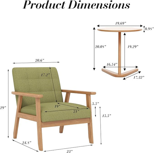 KCC Mid-Century Modern Linen Fabric Accent Chair, Upholstered Leisure Chair Comfy Reading Side Chair with Armrest and Solid Wood Frame for Living Room Bedroom Balcony(Green)