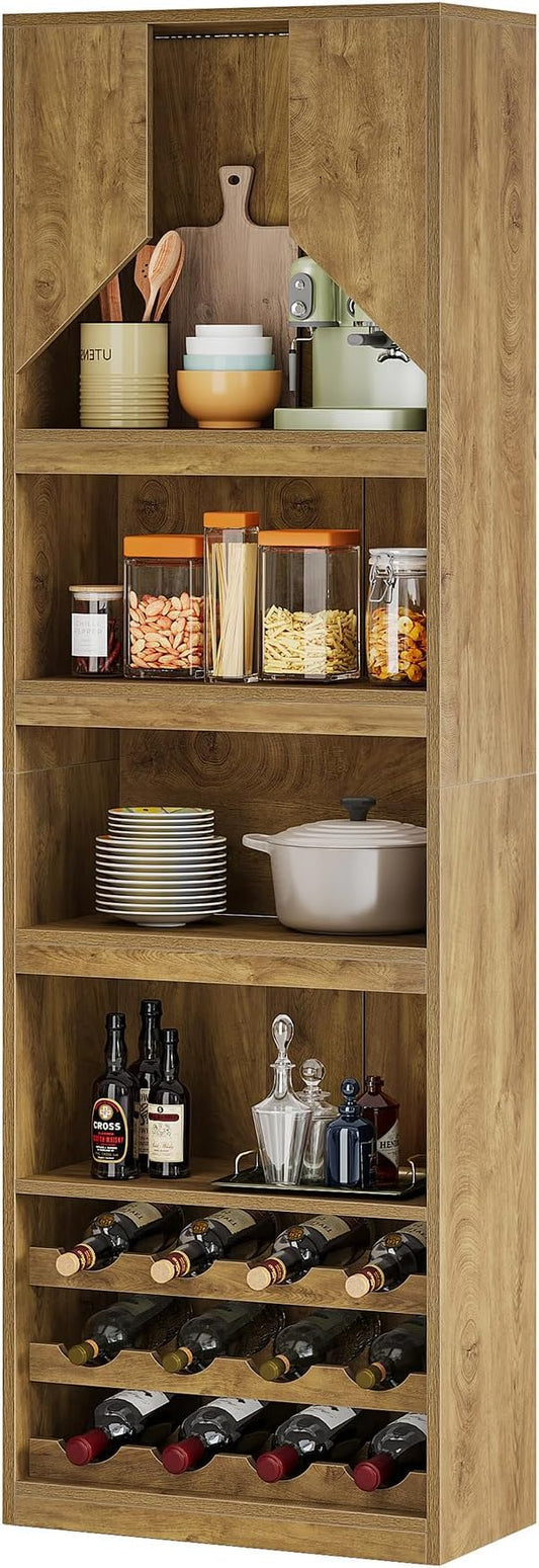 Tribesigns 86.6" Tall Wine Bar Cabinet with Stripe Light, Farmhouse Home Bar Liquor Cabinet with Wine Racks and Open Shelves for Kitchen Dining Living Room