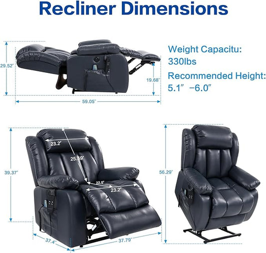 MAEVIS Power Recliner Chair, Lay Flat Sleeping Lift Chairs Recliner for Elderly with Heat and Massage,Comfy Real Breathable Leather Recliners with Dual OKIN Motor for Living Room (Blue)