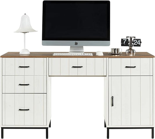 55" Executive Desk, Modern Wood Office Table with Charging Station, 5 File Drawer & 1 Storage Cabinet, Home Computer Writing Desk for Work Study, Living Room, Bedroom (White)