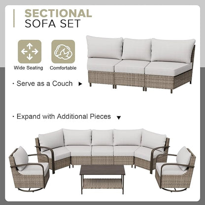 COOS BAY Aurora Terrace Half-Moon Outdoor Furniture Set, Rattan Conversation Set with Patio Chairs, Curved 5-Seat Sofa, Coffee Table & Side Table, Seats 7, Beige/Beige