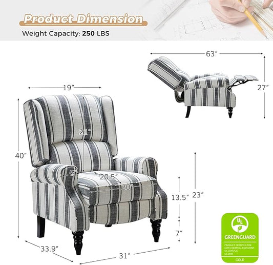 HULALA HOME Upholstered Wingback Recliner Chair, Small Adjustable Footrest Push Back Single Reclining Sofa, Mid Century Modern Lounge Armchair for Living Room, Bedroom, Reading/Stripe Black