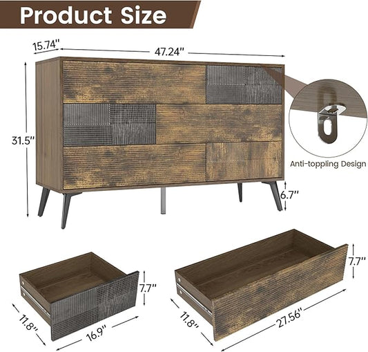 Hadulcet Fluted 6 Drawer Dresser for Bedroom, Modern Chest of Drawers with Push to Open Storage Organizer for Closet, 47” Handleless Wood Dresser TV Stand for Living Room, Entryway Nursery, Dark Wood