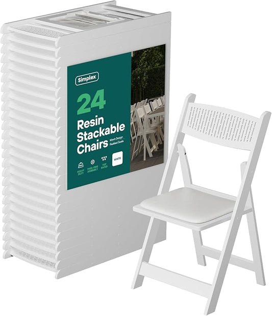 SIMPLEX White Stackable Folding Chairs with Padded Seat & Mesh Back, Padded Indoor/Outdoor Folding Chair, Lightweight Foldable Chairs, Weight Capacity 800LBs (24 Pack)