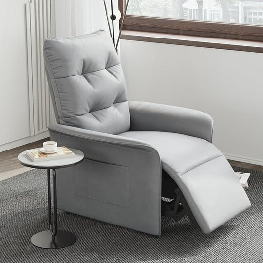 Power Recliner Accent Chair with Side Pocket High-Back 180° Recline Faux Leather Living Room Chairs, Comfy Chair for Bedroom Reading (Gray)