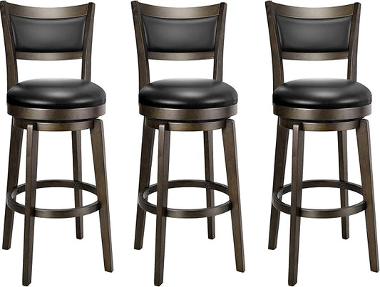 PrimeZone Swivel Bar Stools Set of 3, 30 Inch Bar Height Barstools, Black Faux Leather Bar Stool with High Backrest & Solid Wood Legs & Wrap-Around Footrest, Counter Stools for Kitchen Island, Pub
