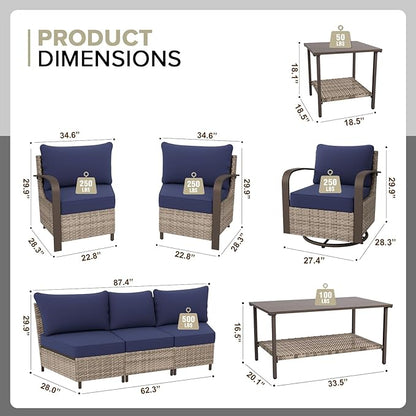 COOS BAY Aurora Terrace Half-Moon Outdoor Furniture Set, Rattan Conversation Set with Swivel Rockers, Curved 5-Seat Sofa, Coffee Table & Side Table, Seats 7, Beige/Blue