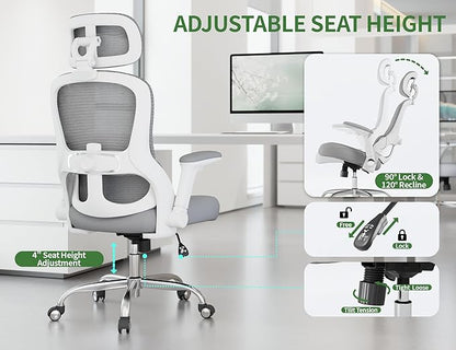 Ergonomic Office Chair - Computer Desk Chairs Comfy, Mesh High-Back Gaming Chair with Adjustable Lumbar Support, Executive Task Chair for Adults, Comfortable for Long Hours (White Grey)