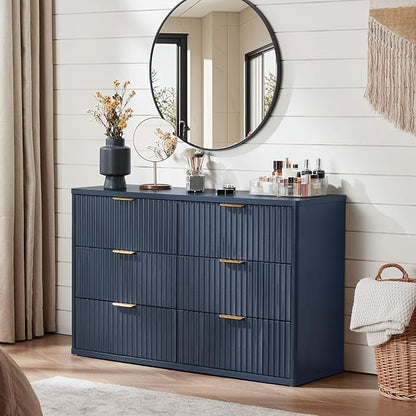 LEYAOYAO Fluted 6 Drawers Dresser Set of 2, 48" Wide Modern Chest of Drawers with Woodgrain Top, Curved Profile Design, Dresser TV Stand, Wood Drawer Organizer for Bedroom, Living Room, Hallway,Blue