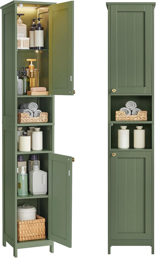 VASAGLE Tall Storage Cabinet with Lights, Slim Freestanding Cabinet with Adjustable Shelves, for Small Spaces, Bathroom, Living Room, Modern, 11.8 Inches Wide, Forest Green UBBC566C01
