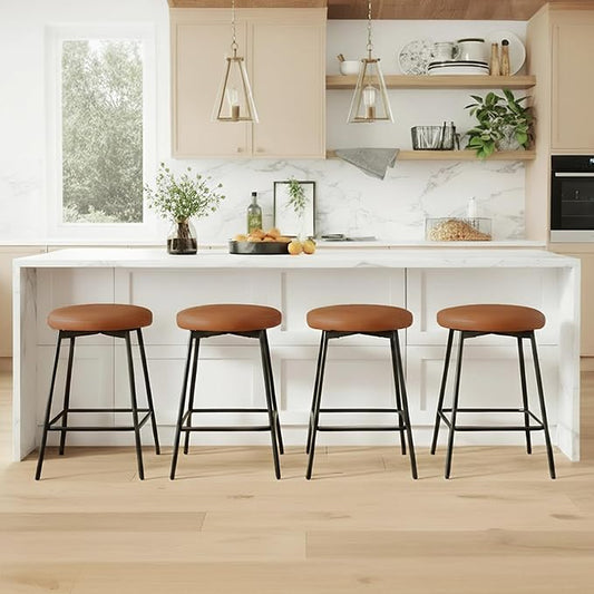 Swivel Bar Stools Set of 4, 24" Counter Height Bar Stool, Backless Barstools with Faux Leather Upholstered Seat&Sturdy Wood Legs for Kitchen Island, Brown