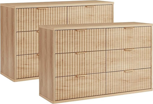 LEYAOYAO Fluted 6 Drawers Dresser Set of 2, 48" Wide Modern Chest of Drawers with Woodgrain Top, Curved Profile Design, Dresser TV Stand, Wooden Drawer Organizer for Bedroom, Living Room, Hallway,Wood