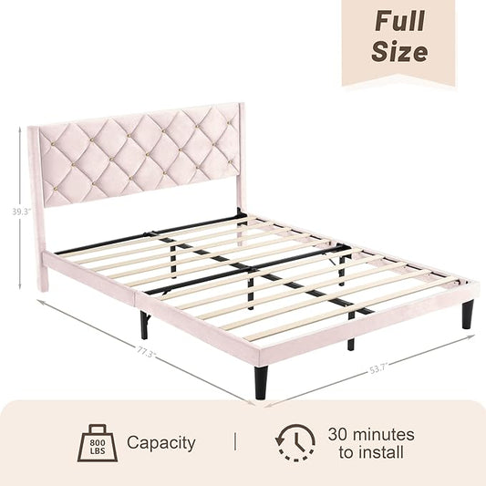 Full Size Platform Bed Frame with Velvet Upholstered Headboard and Sturdy Wooden Slats Support,Mattress Foundation，Easy Assembly, No Box Spring Needed,Slip Resistant (Pink, Full)