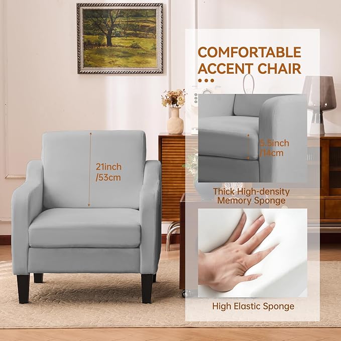 Accent Chair for Living Room, Modern Velvet Living Room Chairs with Wide Backrest, Upholstered Comfy Chair with Cushion, Oversized Sofa Chair with Wood Legs, Single Armchair, Grey