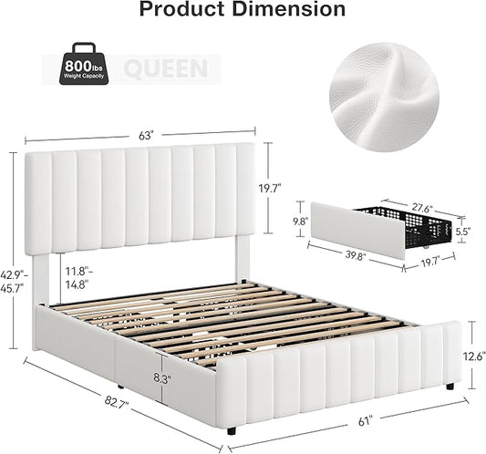 Garvee Queen Size Bed Frame with 4 Storage Drawers, Adjustable Height Headboard, Linen Upholstered Platform Bed Frame, No Box Spring Needed, Easy Assembly, White