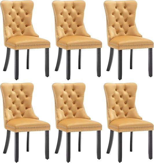 Velvet Dining Chairs Set of 6, Tufted Dining Room Chairs with Nailhead Ring Pull Trim, Upholstered Dining Chairs with Solid Wood Legs for Kitchen Dining Room (Gold)