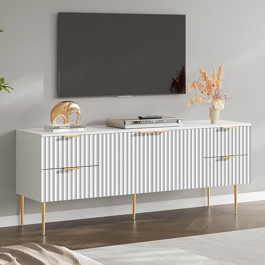 SICOTAS TV Stand for 55/60/65/70 Inch TV - 62 Inch TV Stands for Living Room Entertainment Center with 4 Drawers, Fluted Modern TV Media Console Television Cabinet for Bedroom (White,1 Piece)