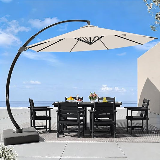 7 Piece Patio Dining Set with 11ft Patio Umbrella (Cream-White), 7 Black Outdoor HDPE Dining Set with 6 Chairs + 1 Large Table, for Market, Pool, Garden, Backyard, Deck
