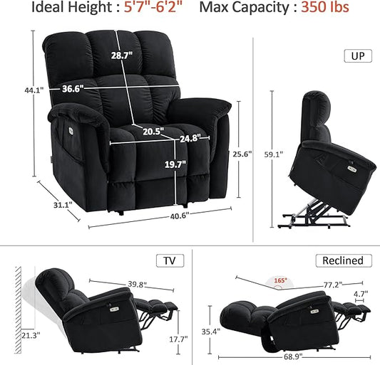 MCombo Large-Wide Dual Motor Power Lift Recliner Chair, Massage and Dual Heating for Elderly People, Infinite Position, Fabric R7166 (Black)
