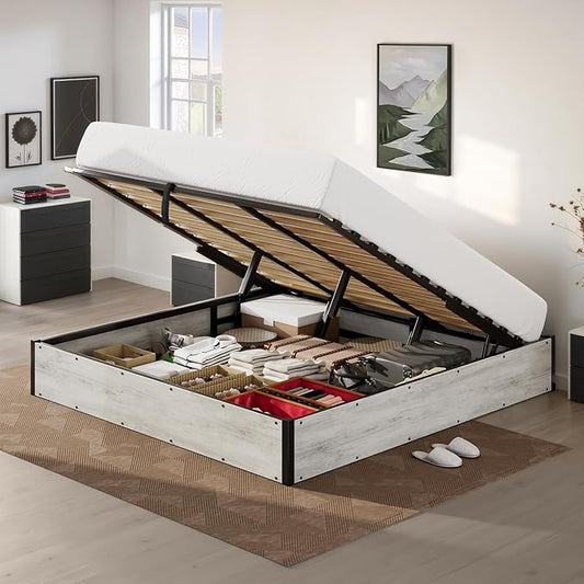 Lift Up Storage Bed Frame, Queen Size Wooden Platform Bed with Large Storage Underneath, No Box Spring Needed, Noise Free, Distressed White