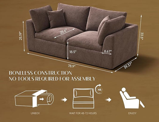 78.9" Loveseat Sofa, Cloud Boneless Couches for Living Room, Modern Modular Sectional Sofa, Oversized, Brown