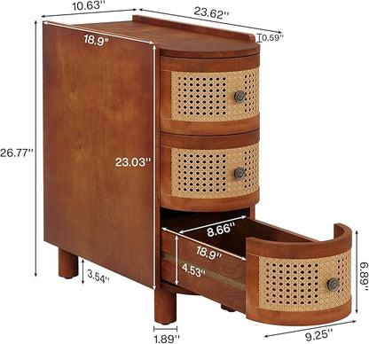 Tribesigns 3-Drawer Rattan End Table, Sofa Side Table with Vintage Embossed Handles, Slim Nightstand for Living Room, Bedroom, Finished Back, No Assembly (Walnut & Oak, 1 PC)