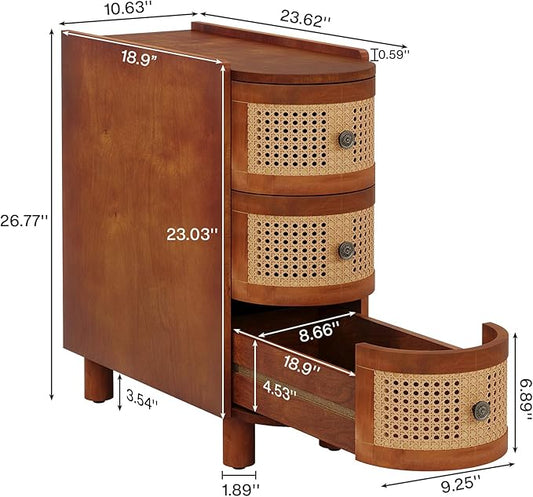 Tribesigns 3-Drawer Rattan End Table, Sofa Side Table with Vintage Embossed Handles, Slim Nightstand for Living Room, Bedroom, Finished Back, No Assembly (Walnut & Oak, 1 PC)