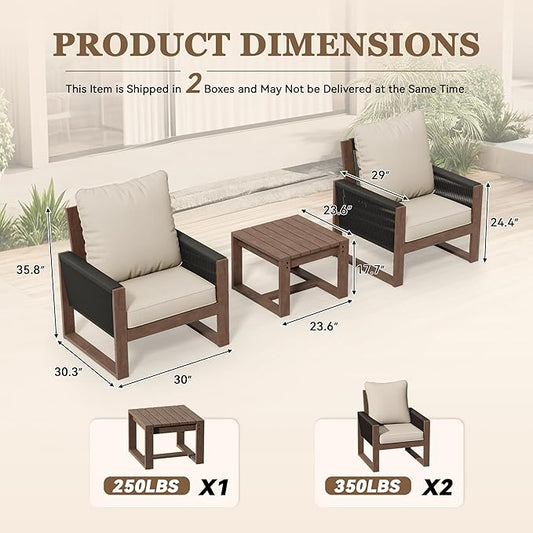 Patio Chairs 3 Piece Wood Patio Furniture with Coffee Table & Cushions, PE Wicker Outdoor Conversation Set Balcony Chairs for Garden, Porch, Deck, Backyard