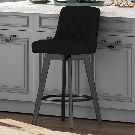 MINCETA Bar Stool, 30 Inch Upholstered Barstool with Low Tufted Back and Footrest, Swivel Counter Height Barstool for Kitchen Island Home Bar Performance Fabric Black