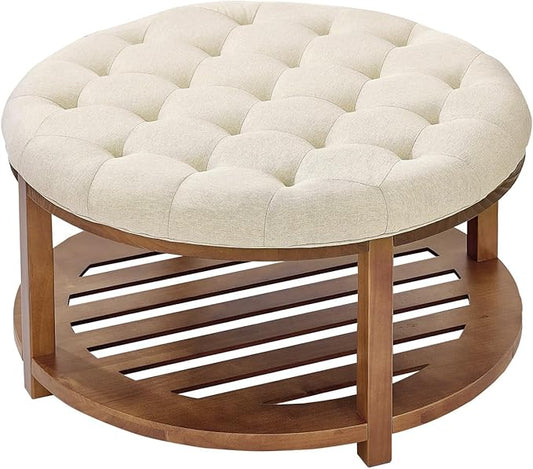 VEVOR Large Round Ottoman Coffee Table, 31.9 Inch Tufted Coffee Table with Solid Wood Shelf Storage, Linen Solid Upholstered Footrest Ottoman for Bedroom Living Room, 350 LBS, Linen Color
