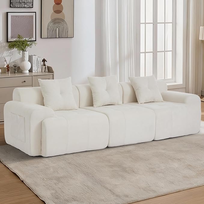 101.65” Modular Sectional Couch for Living Room, 3-Seater Cloud Sofa with Deep Seat, Woven Texture Upholstery Boneless Couch, No Assembly, Beige