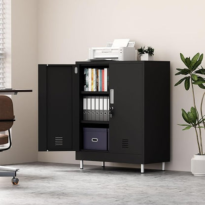 Metal Storage Cabinet with Locking Doors and Adjustable Shelves, Small Lockable Storage Cabinet for Home Office Garage Pantry Entryway Living Room (Black)