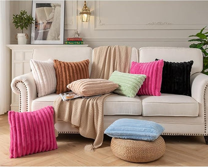 DEELAND Pack of 2,Double-Sided Faux Fur Plush Decorative Throw Pillow Covers Fuzzy Striped Soft Pillowcase Cushion Covers for Sofa Couch Bedroom Black 20x20 inch