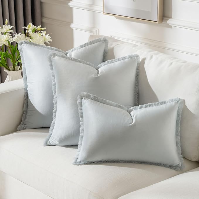 FUTEI Light Blue Velvet Decorative Throw Pillow Covers 16x16 Set of 2,Soft Cozy Edge with Tassels Cushion Case,Boho Modern Home Decor for Couch Bed Living Room