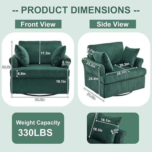 Karl home Swivel Accent Chair Set of 2, 39" Oversized Armchair W/2 Pillows and 4 Pockets,Modern Corduroy Barrel Chairs,Comfy Single Sofa for Living Room,Reading,Bedroom and Office-Dark Green