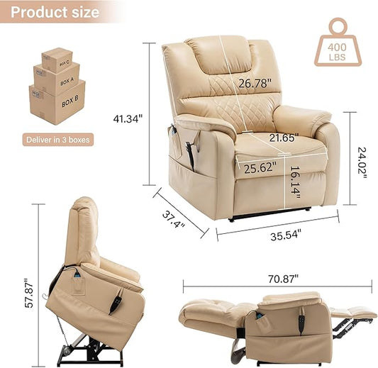 Power Lift Recliner Chair Recliners for Elderly,Lay Flat Air Leather Recliner with Heat and Massage,Dual Motor Lounge Recliners for Living Room